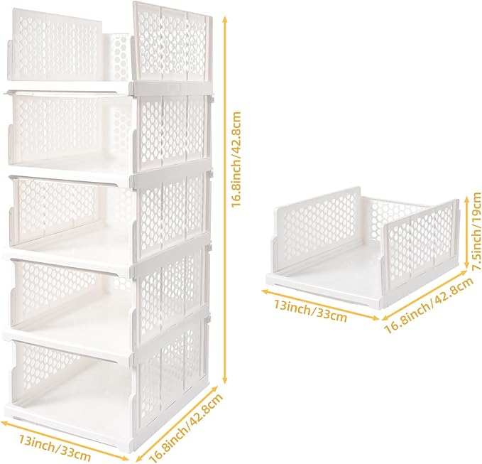 Pull-out Plastic Storage Basket,Stackable Closet Organizers Drawer Anti-Tipping, Reinforced Stable Shelf Container for Bathroom Laundry Room Storage, Space-Saving Clothes Storage (White, 5L)