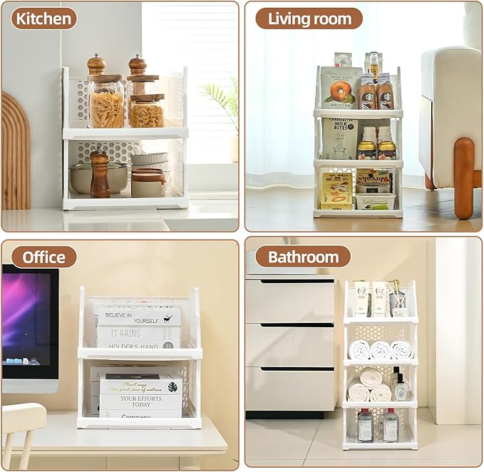 Pull-out Plastic Storage Basket,Stackable Closet Organizers Drawer Anti-Tipping, Reinforced Stable Shelf Container for Bathroom Laundry Room Storage, Space-Saving Clothes Storage (White, 4L)