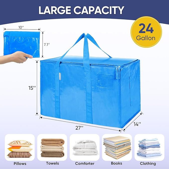 TICONN 4 Pack Extra Large Moving Bags with Zippers & Carrying Handles, Heavy-Duty Storage Tote Moving Boxes for Space Saving (4 Pack, Sky Blue)