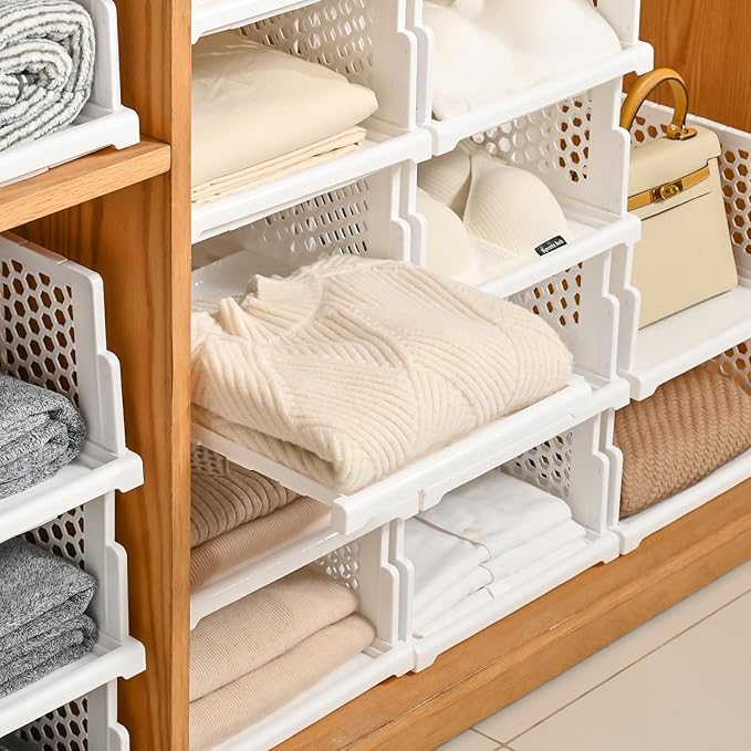 Pull-out Plastic Storage Basket,Stackable Closet Organizers Drawer Anti-Tipping, Reinforced Stable Shelf Container for Bathroom Laundry Room Storage, Space-Saving Clothes Storage (White, 4L)